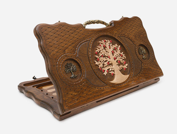 Luxury Armenian backgammon board with a bronze tree of life and ornate bronze carry handle, propped open