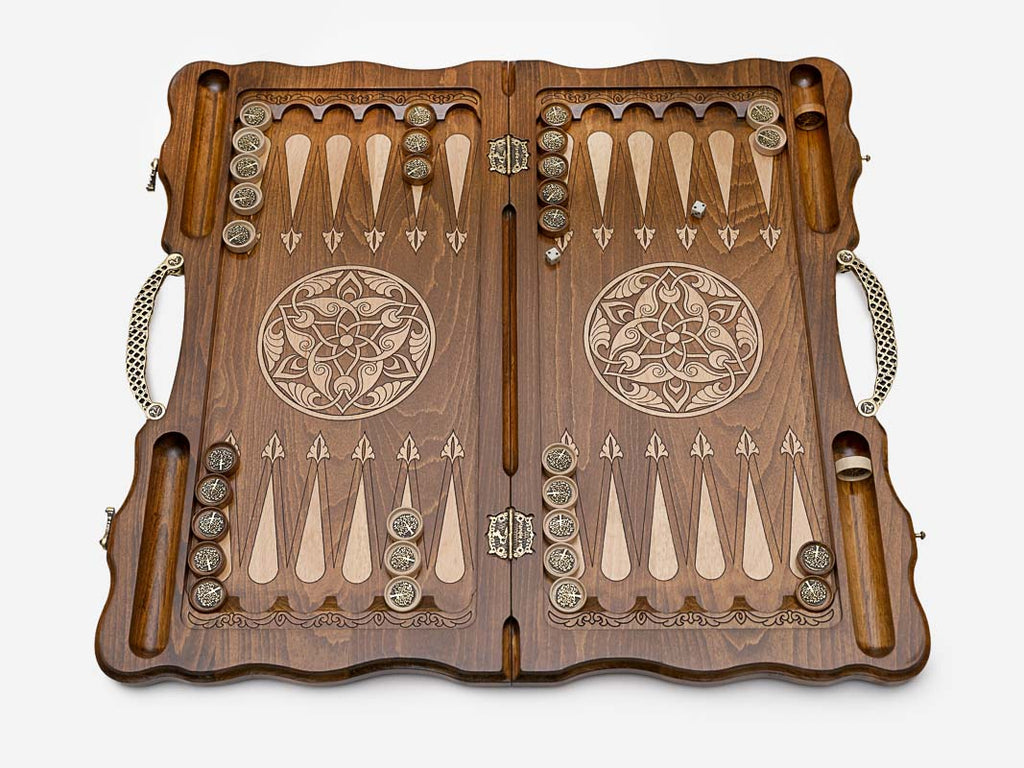 The backgammon board opened to the full 60 cm wooden playing field