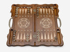 The backgammon board opened to the full 60 cm wooden playing field