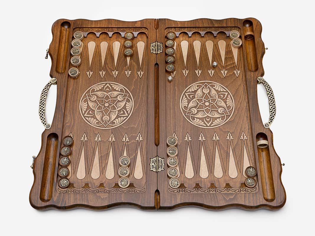 The backgammon board opened to the full 60 cm wooden playing field