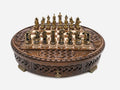 Royal Circle chess set with storage, round board set up for play with Celtic knot carved rim