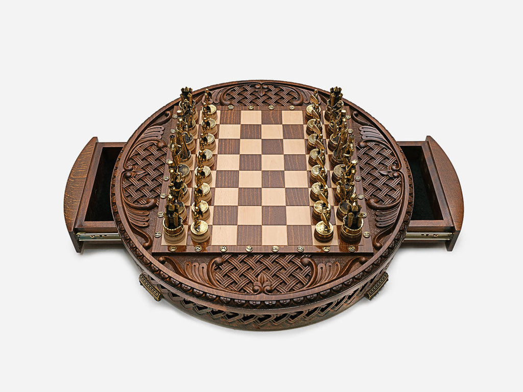 Royal Circle chess set with both side drawers open, top-down view of the round board