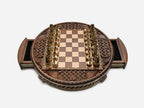 Royal Circle chess set with both side drawers open, top-down view of the round board