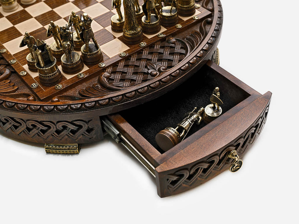 Royal Circle chess set drawer open showing spare chess pieces stored inside