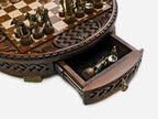 Royal Circle chess set drawer open showing spare chess pieces stored inside