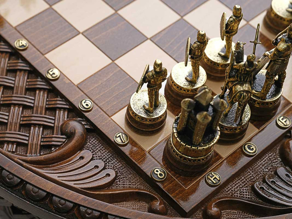 Close-up of the round board's engraved coordinates and knight chess pieces