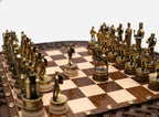 Close-up of the castle rook piece and knight figures on the Chess Royal Circle board