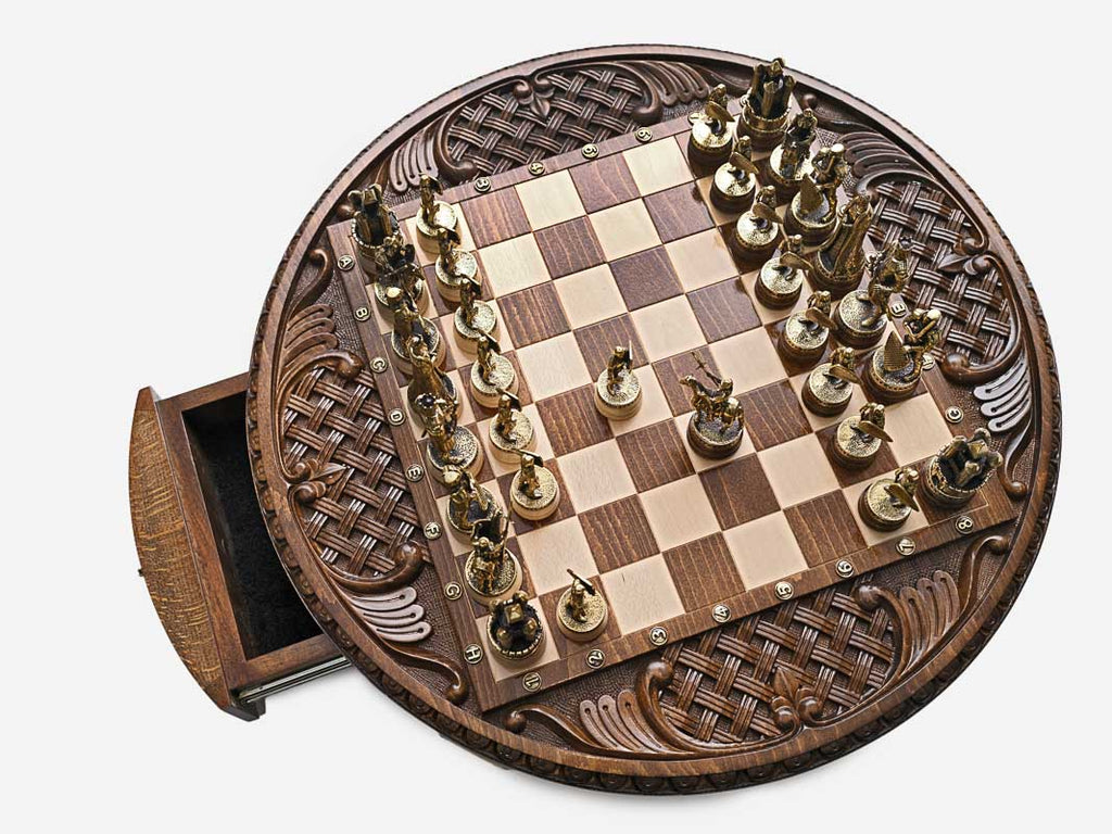 Royal Circle chess set top-down view with pieces set up and drawer open