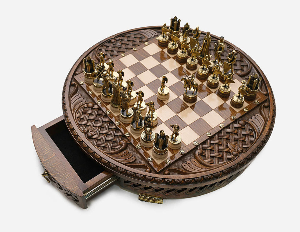 Royal Circle chess set top-down angled view with the drawer pulled open