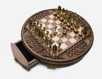 Royal Circle chess set top-down angled view with the drawer pulled open