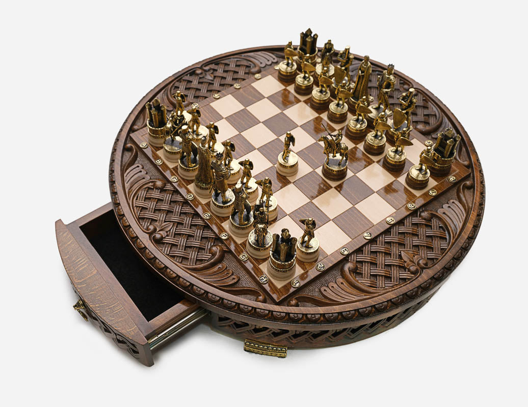 Royal Circle chess set top-down angled view with the drawer pulled open