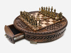 Royal Circle chess set with the front drawer open, pieces set up on the round board