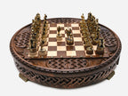 Royal Circle chess set with gold knight pieces facing off across the round board