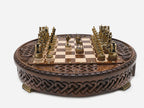 Handle Chess Royal Circle set up for play, front view with knight and horse at center