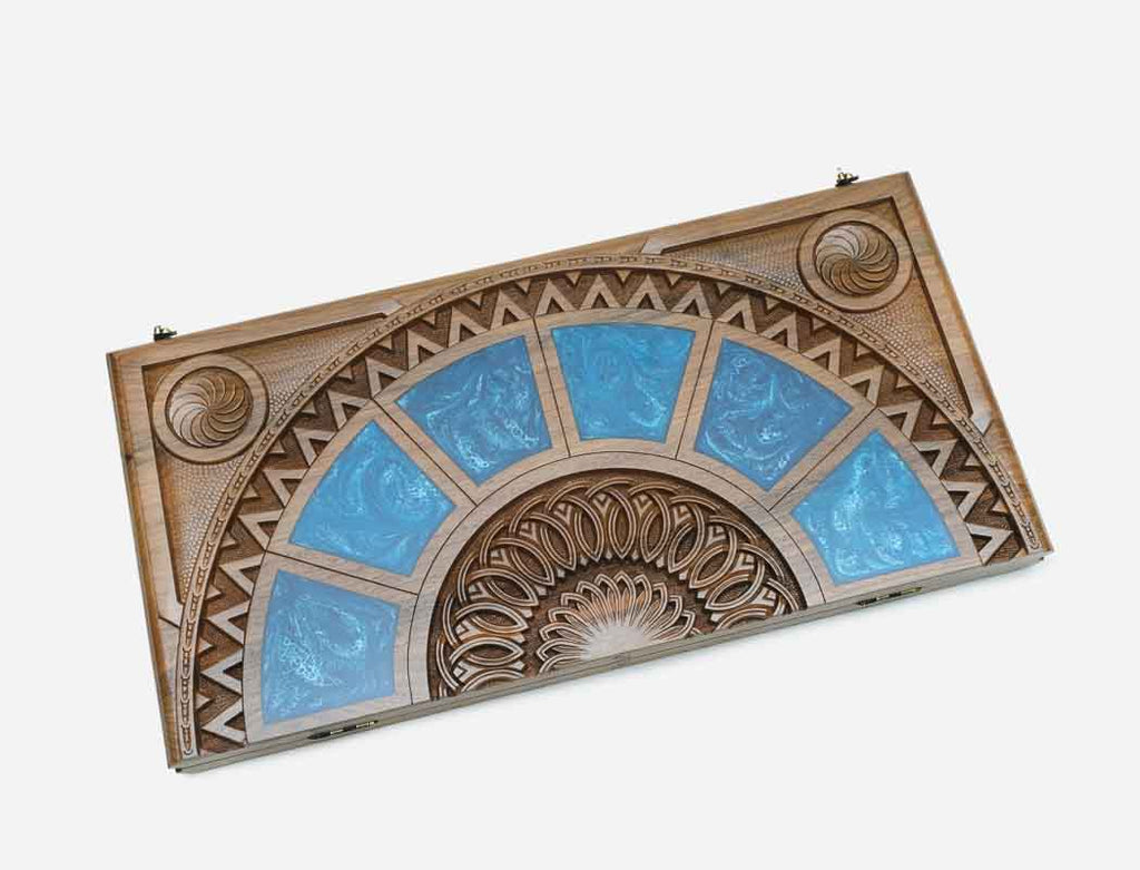 Close-up of the carved Eternity Sign and blue epoxy panels