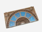 Close-up of the carved Eternity Sign and blue epoxy panels