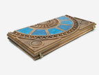 Overhead view of the blue epoxy backgammon board