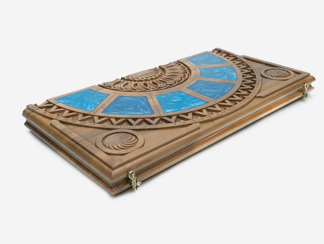 Overhead view of the blue epoxy backgammon board