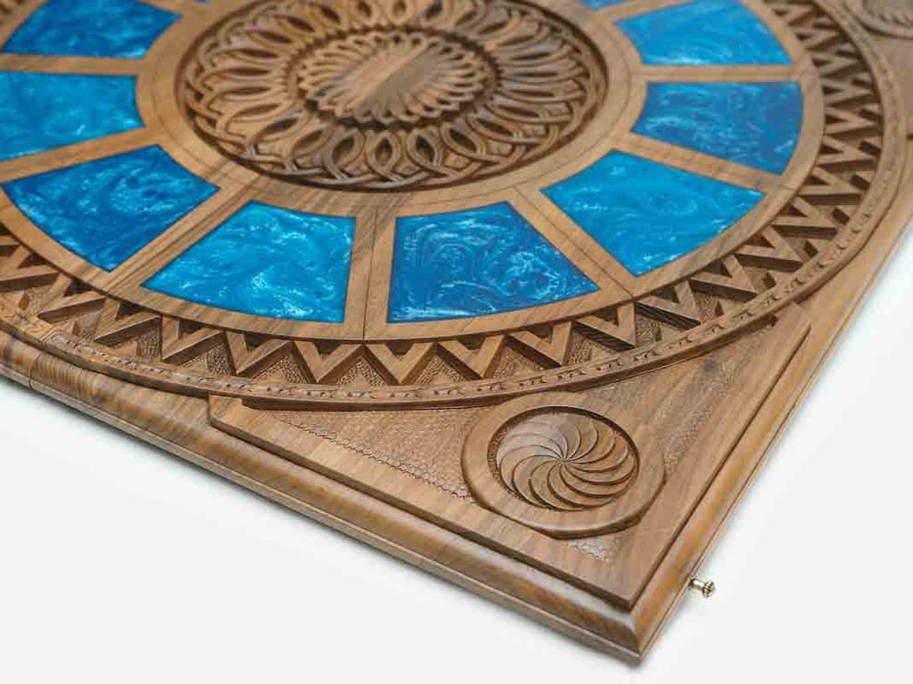 Close-up of the turned wooden backgammon checkers and dice