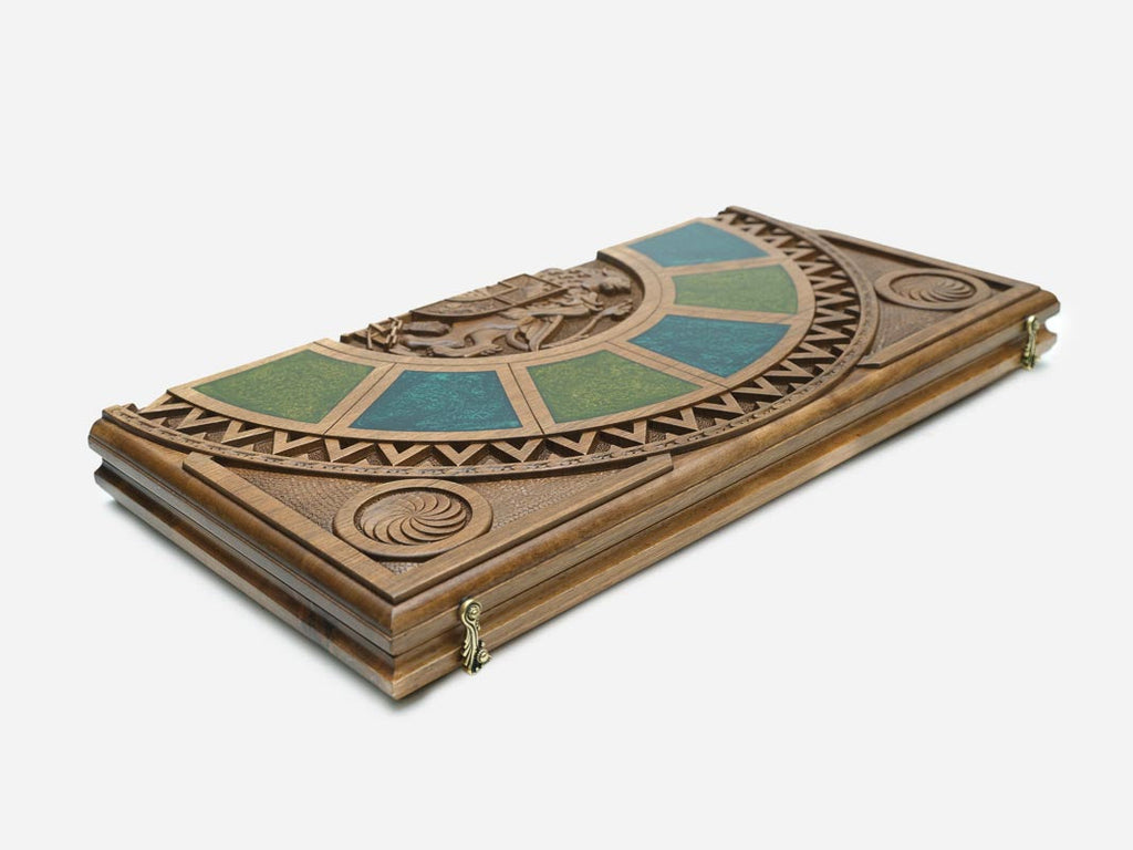 Overhead view of the green and teal epoxy backgammon board