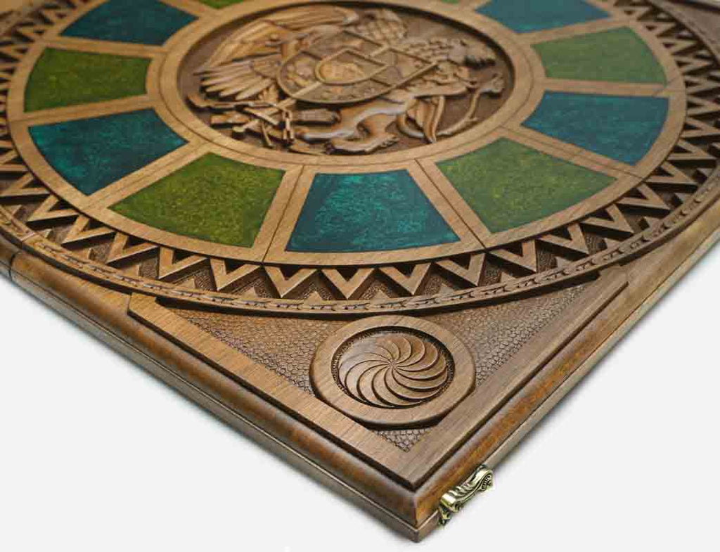 Close-up of the turned wooden backgammon checkers and dice