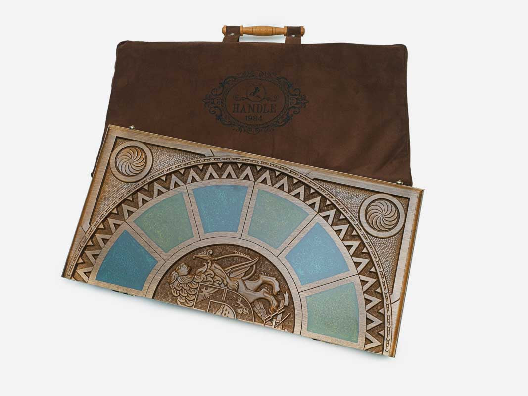 The Armenian coat-of-arms epoxy backgammon board shown closed