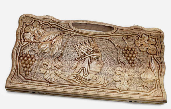 Armenian walnut backgammon board carved with King Tigran the Great and grapevines