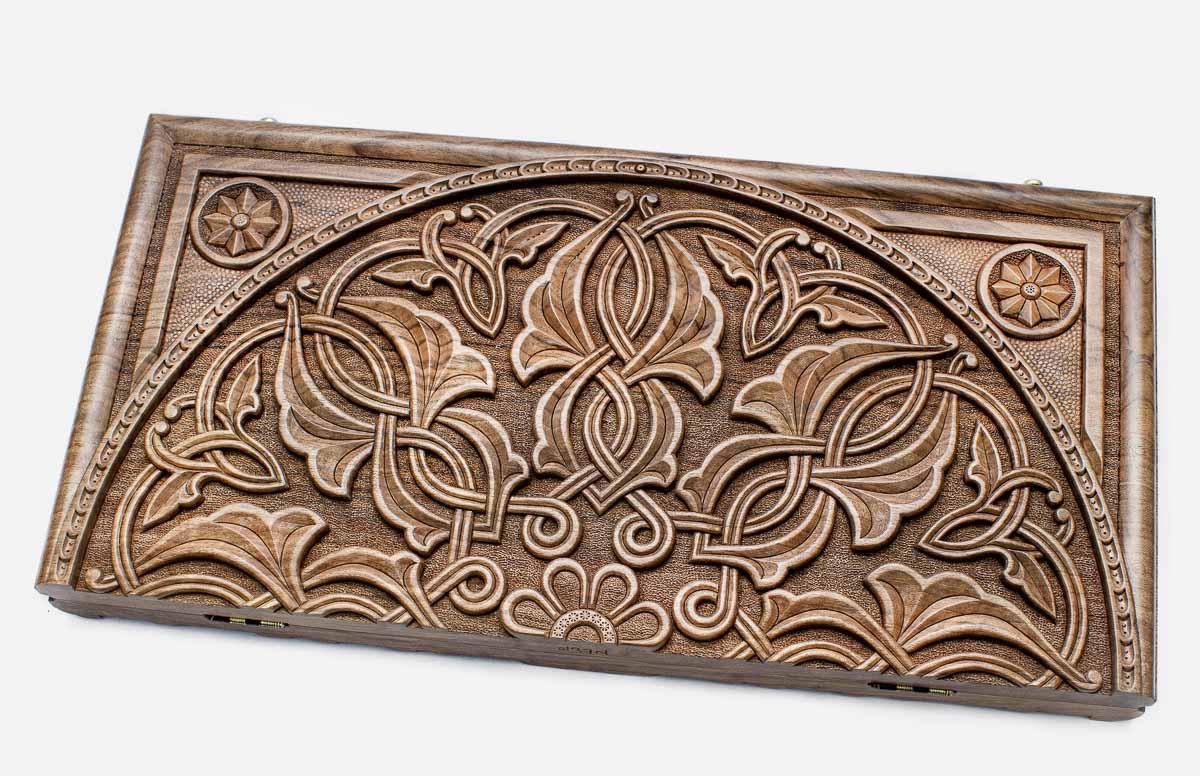 Armenian walnut backgammon board carved by a master with flowing ornament