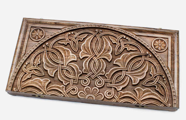Armenian walnut backgammon board carved by a master with flowing ornament