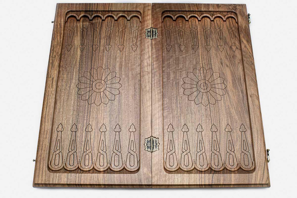 Backgammon board interior playing surface with checkers