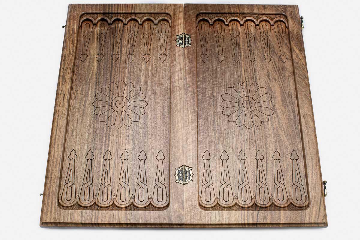 Backgammon board interior playing surface with checkers