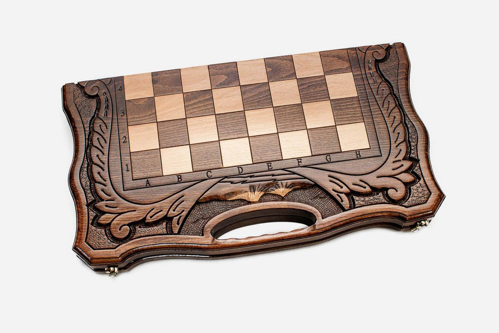 Angled view of the Mount Ararat chess set with its beech and walnut pieces