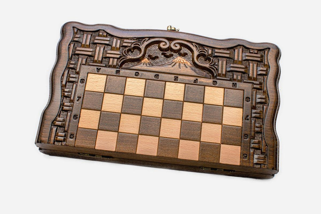 Travel chess set open with the backgammon playing field inside - 11.8 inch / 30 cm
