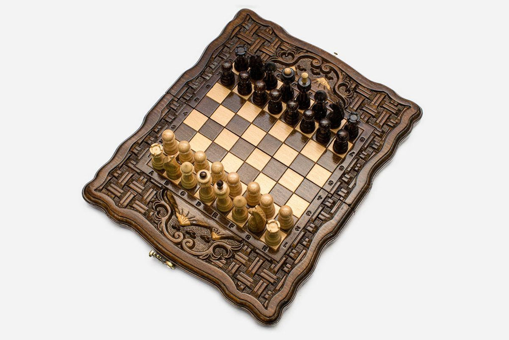 Armenian chess backgammon set with wooden pieces, checkers, dice and carrying bag