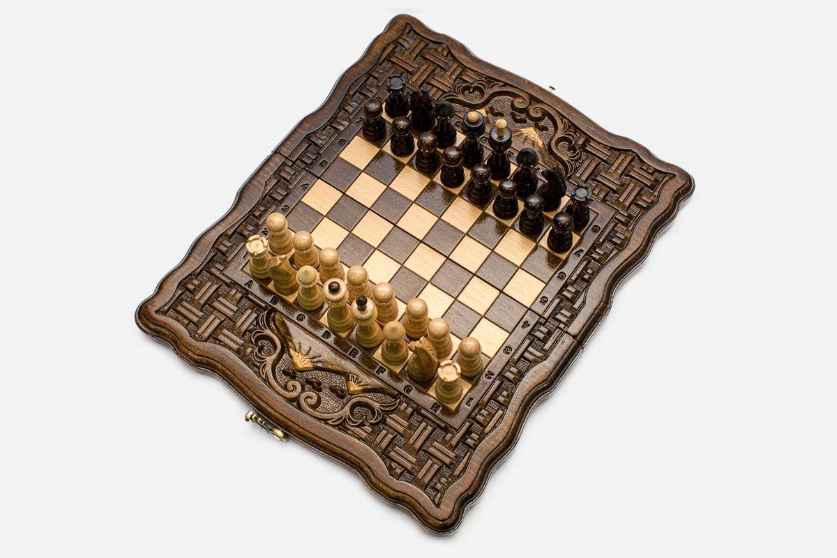 Armenian chess backgammon set with wooden pieces, checkers, dice and carrying bag