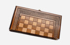 Travel chess set open with the backgammon playing field inside - 11.8 inch / 30 cm