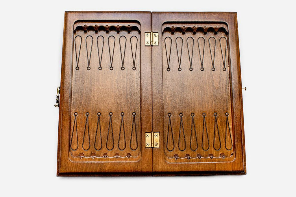 Classic chess and backgammon set folded with bronze hinges and clasps