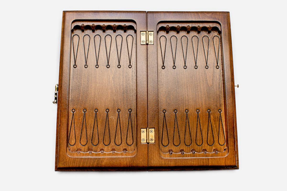Classic chess and backgammon set folded with bronze hinges and clasps