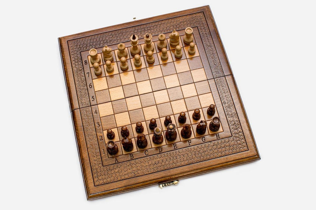 Classic chess backgammon set with wooden pieces, checkers, dice and carrying bag
