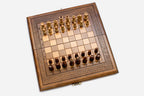 Classic chess backgammon set with wooden pieces, checkers, dice and carrying bag
