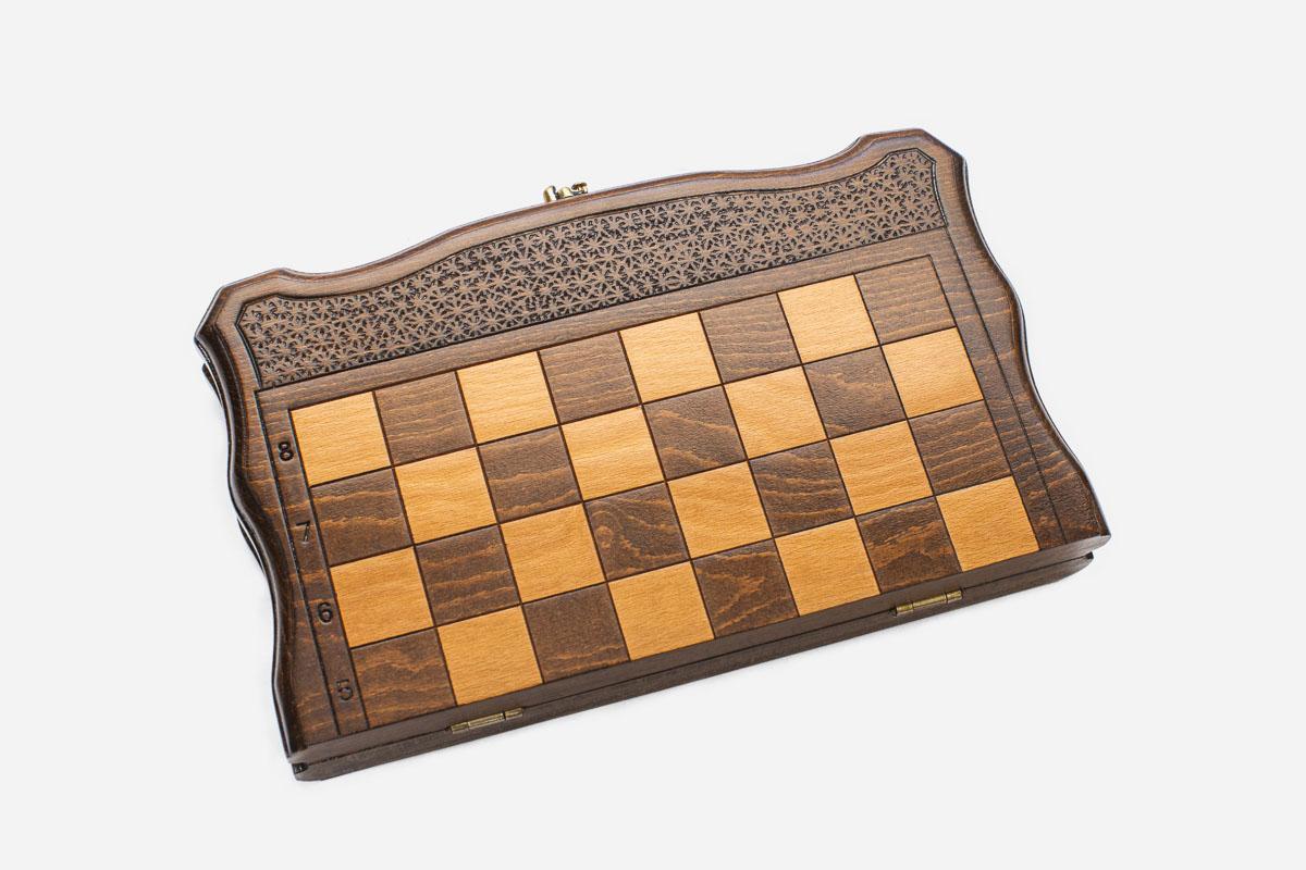 Travel chess and backgammon set folded with bronze hinges and clasps