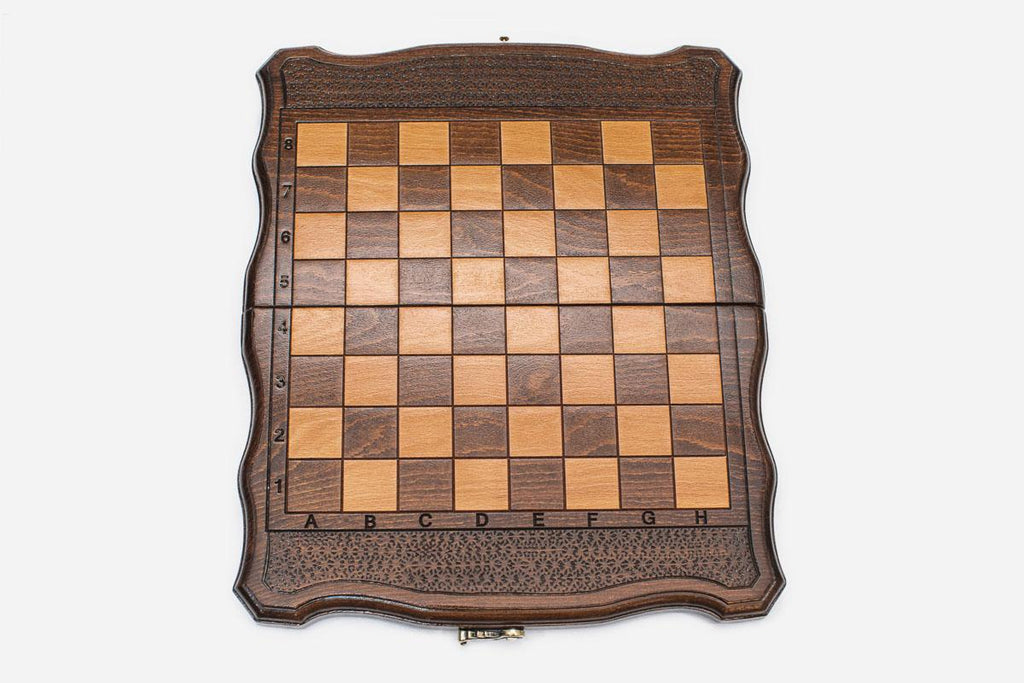 Travel chess set open with the backgammon playing field inside - 11.8 inch / 30 cm