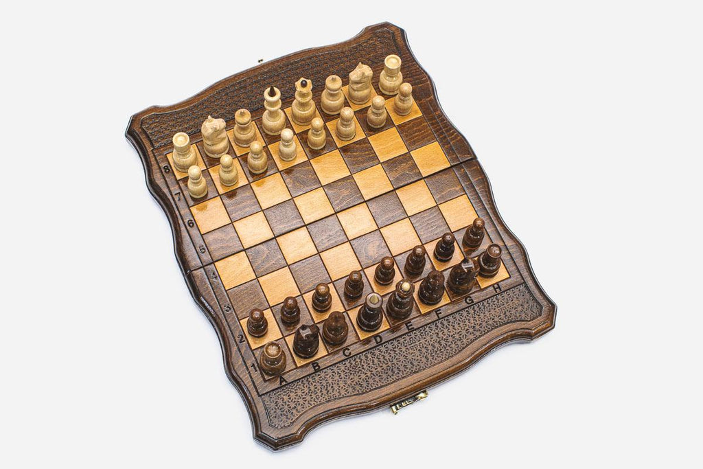 Handmade travel chess backgammon set with dice and carrying bag