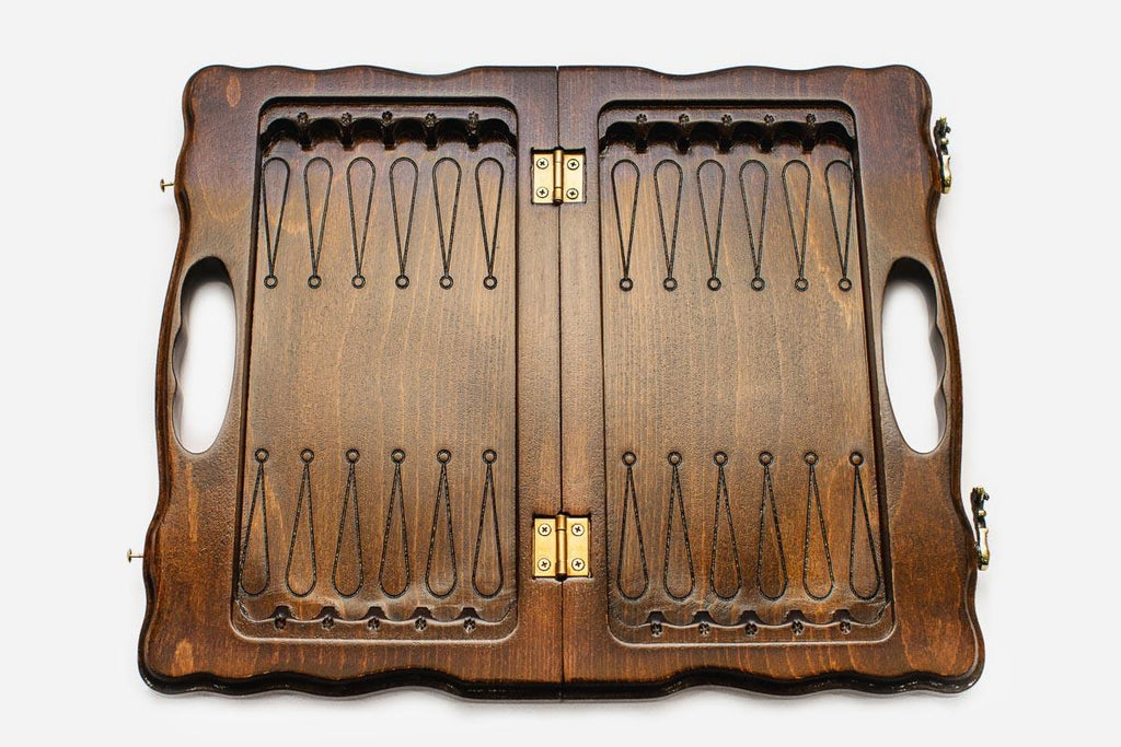 Armenian chess set folded into its case with built-in carry handle
