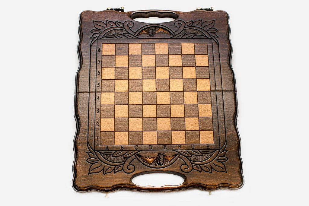 Mount Ararat and ornaments hand-carved on a wooden chess board - detail