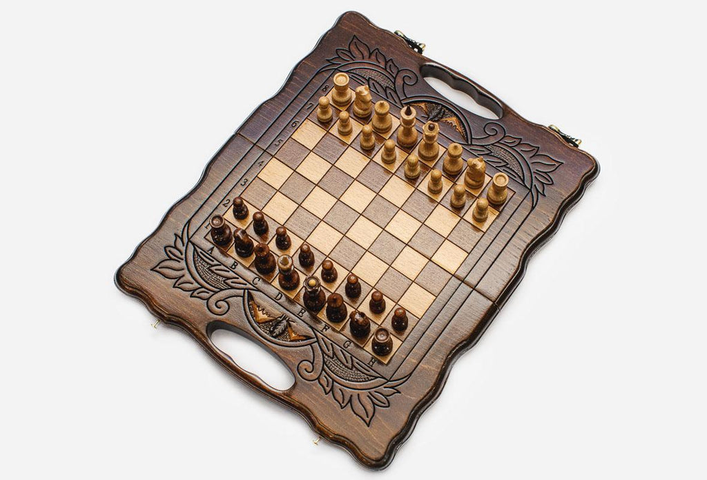 Armenian chess backgammon set with wooden pieces, checkers, dice and carrying bag