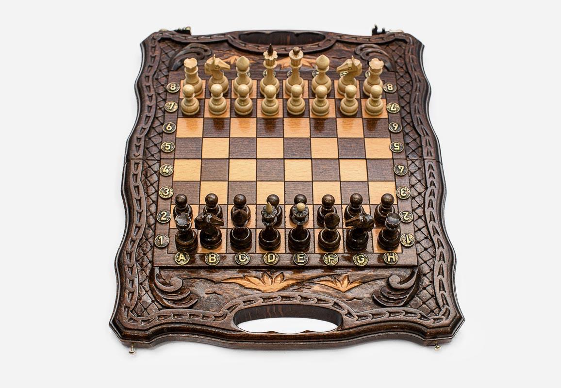 Fully Carved Chess Set with Handle and Backgammon - handmade wooden combo board
