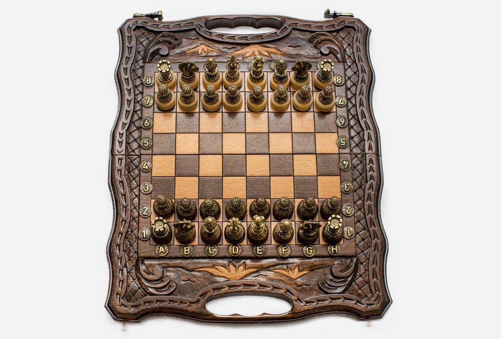Luxury Chess Set with Handle and Bronze Pieces - hand-carved combo board