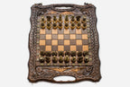 Luxury Chess Set with Handle and Bronze Pieces - hand-carved combo board