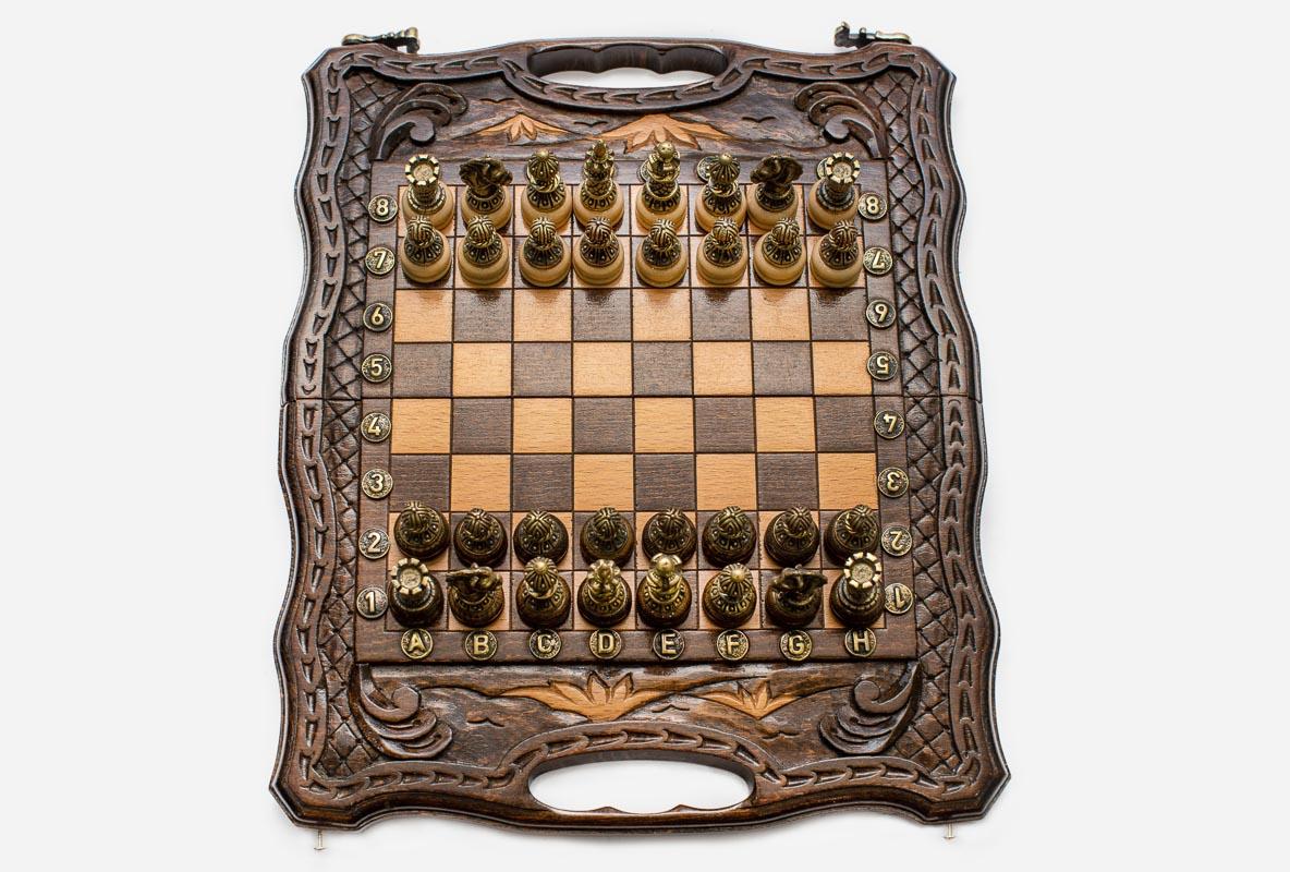 Luxury Chess Set with Handle and Bronze Pieces - hand-carved combo board